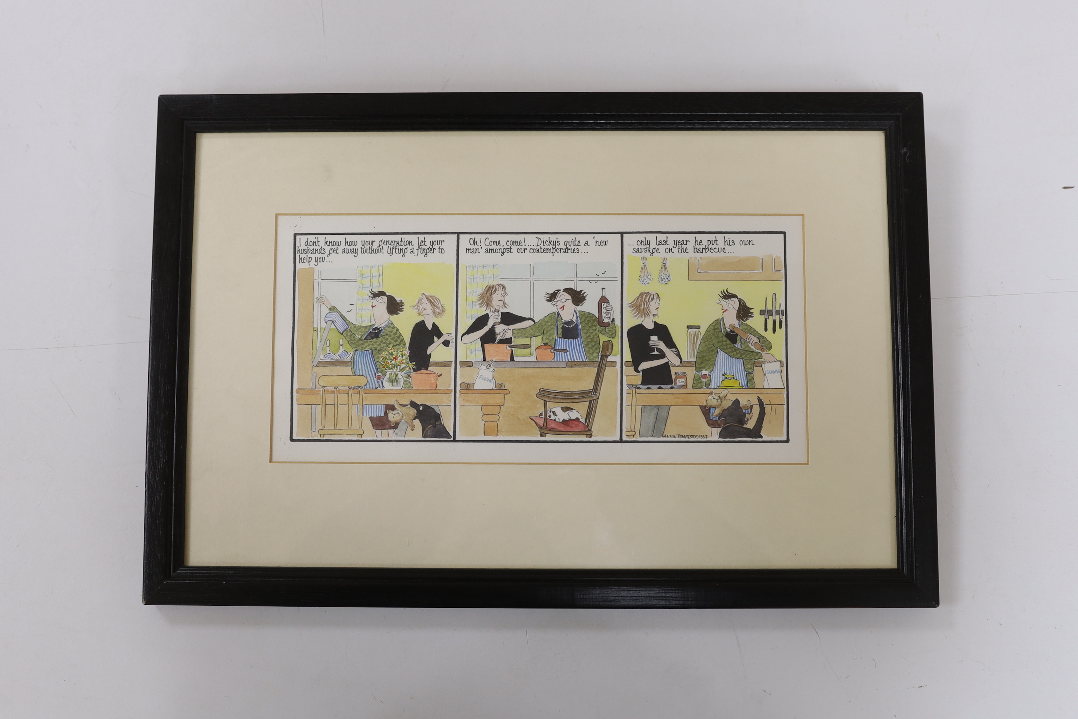 Annie Tempest (b.1959) original watercolour cartoon, women in an interior, from ‘Tottering by Gently’, signed, 14 x 29cm